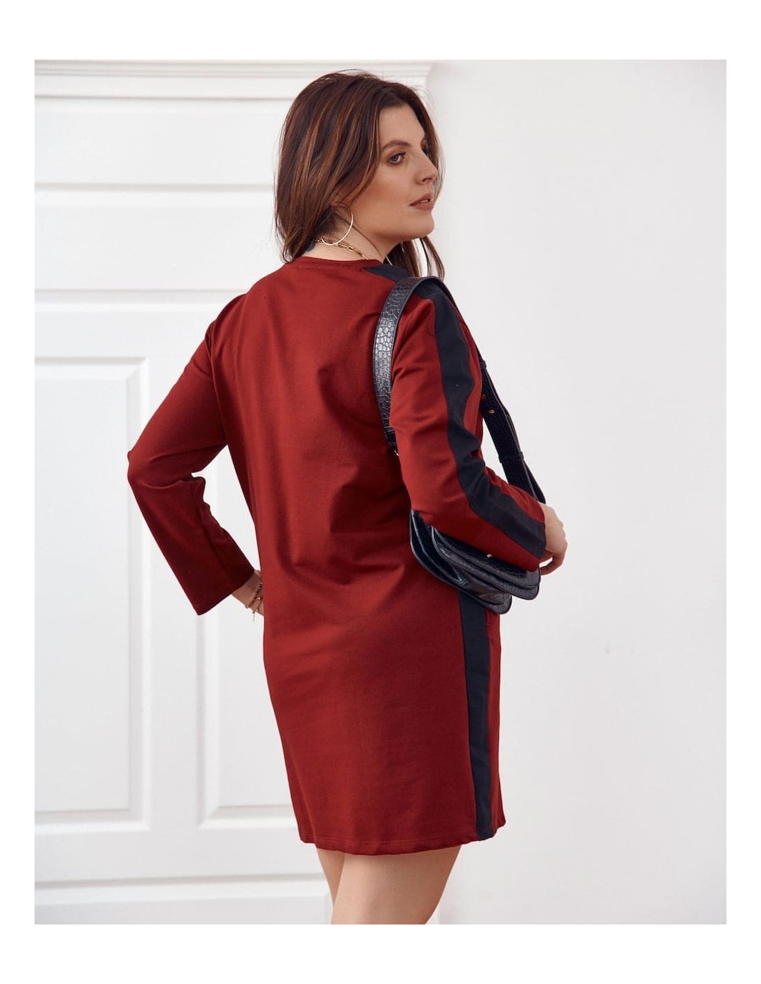 Rochie dreapta cu dungi Plus Size burgundy FI585 - Magazin online - Boutique